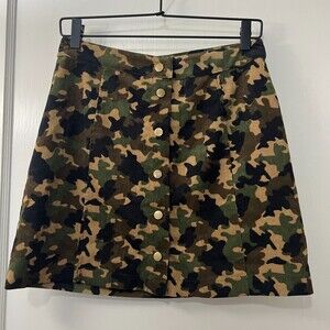 Envy Women's Camo Mini Skirt Button Front Green Tan Black Corduroy Size M